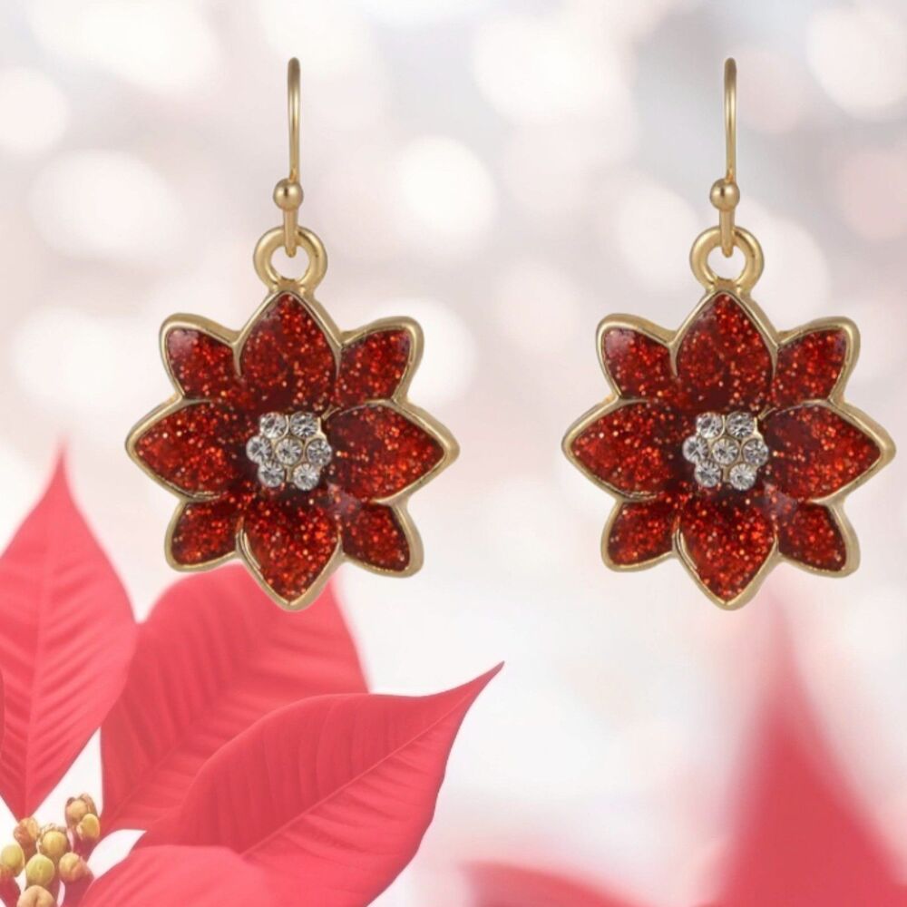 Red Enamel Crystal Centers Poinsettia Earrings Christmas Flower